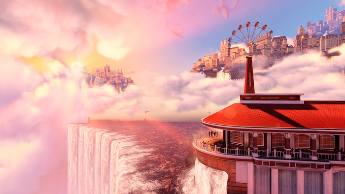 Columbia from Bioshock with waterfalls and floating cities