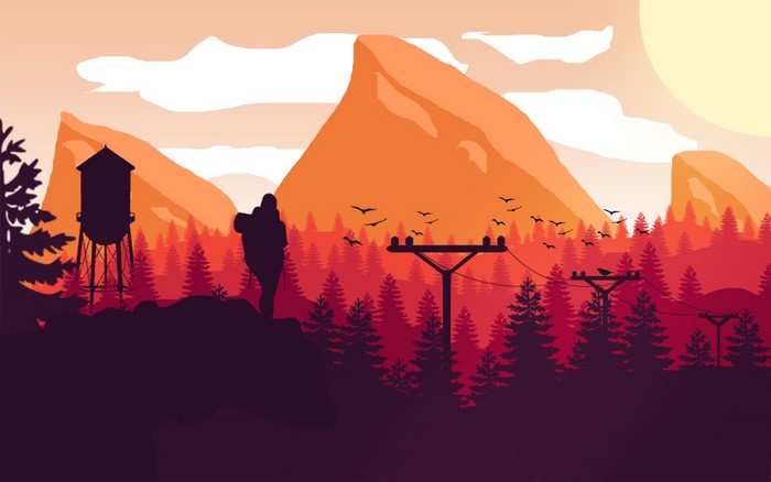 Hiker in mountains with water tower and power lines