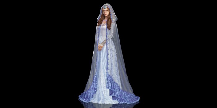 Fantasy girl in a white and blue dress with a veil