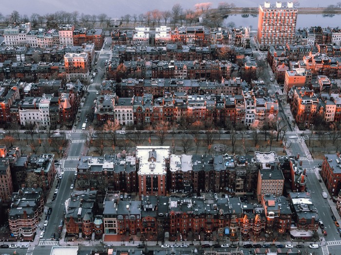 Aerial view of Boston cityscape with historic buildings