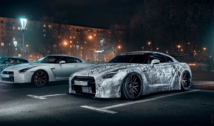 Nissan GT-R cars parked at night