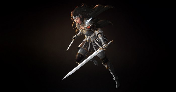 Fantasy warrior woman with swords and armor