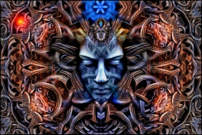Abstract digital art of a masked face