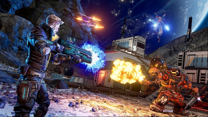 Borderlands 3 characters in combat on a moon base