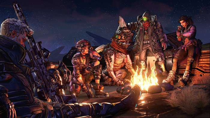 Characters from Borderlands 3 around a campfire