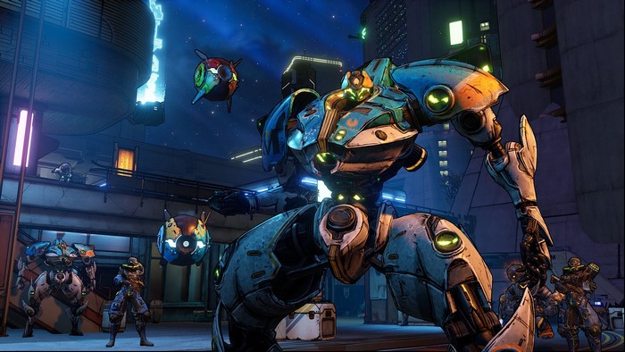 Borderlands 3 robots and characters in a futuristic city