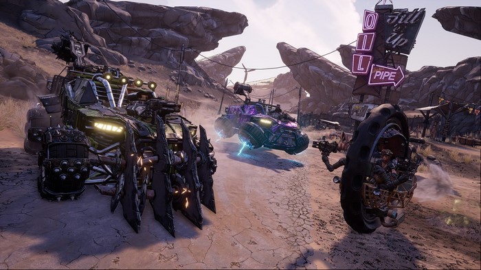 Borderlands 3 vehicles in a desert landscape