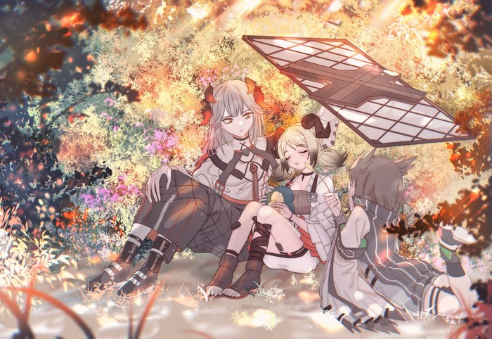 Arknights characters resting under a parasol