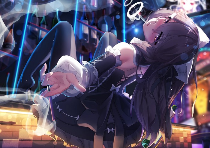 Anime girl with halo and cat ears in a bar