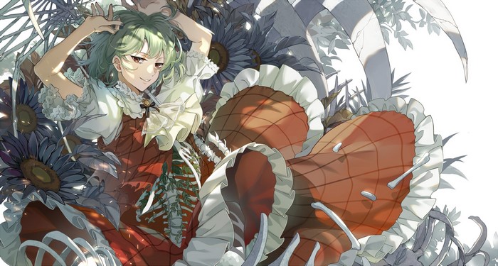 Kazami Yuuka from Touhou surrounded by sunflowers and bones