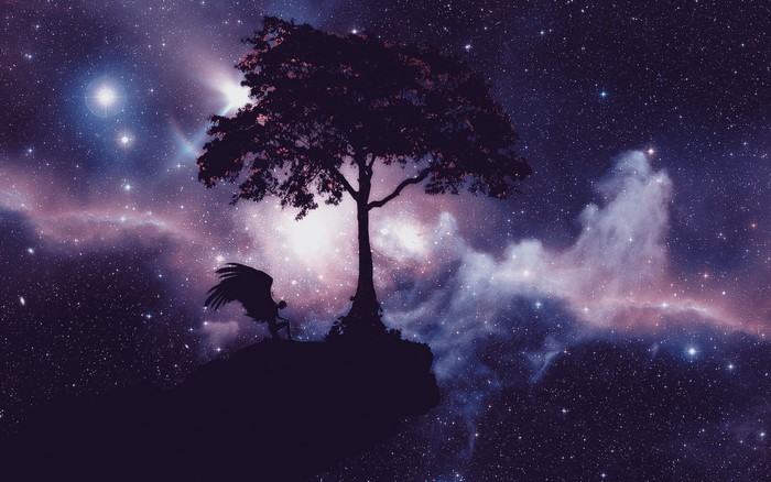Silhouette of a winged figure and a tree against a starry nebula