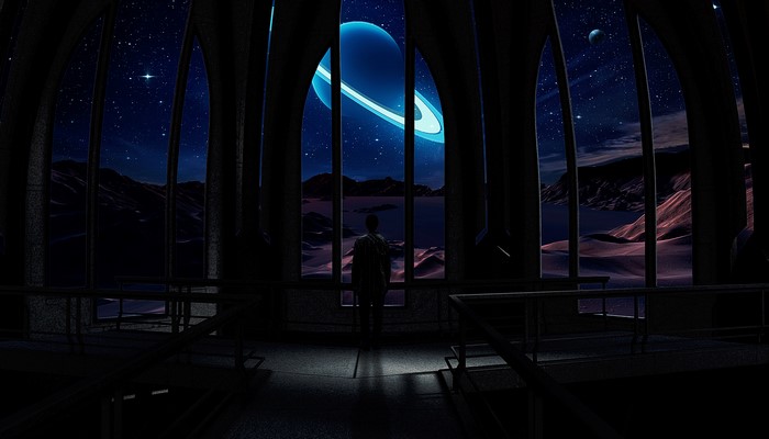 Man looking at a ringed planet from an alien landscape