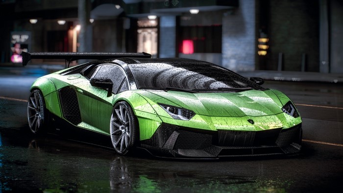 Green Lamborghini Sports Car in Rain