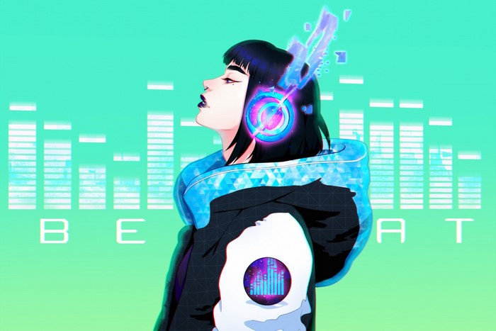 Woman with headphones listening to music with equalizer background