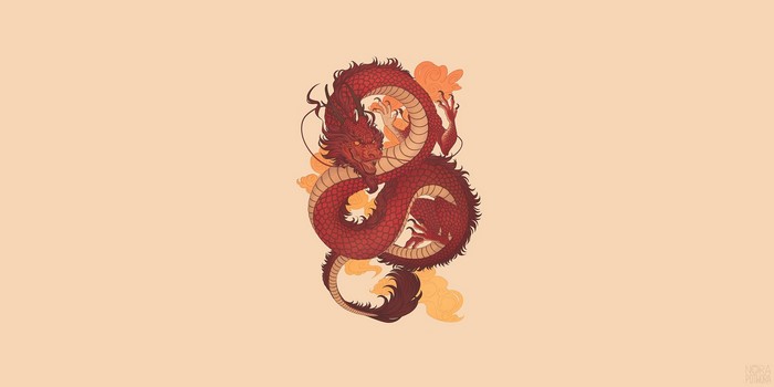Red Chinese Dragon with Orange Clouds