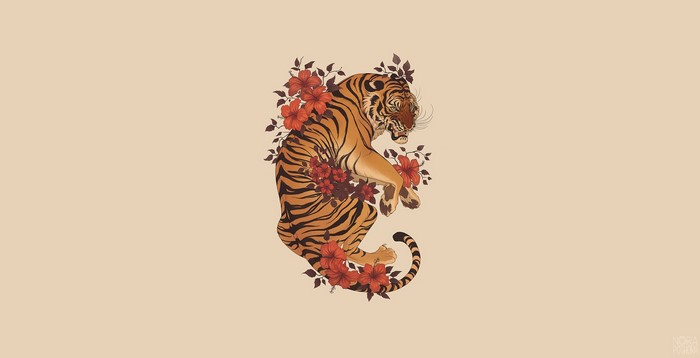 Tiger surrounded by red flowers