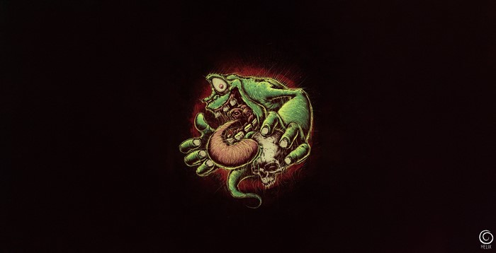 Green monster holding a skull
