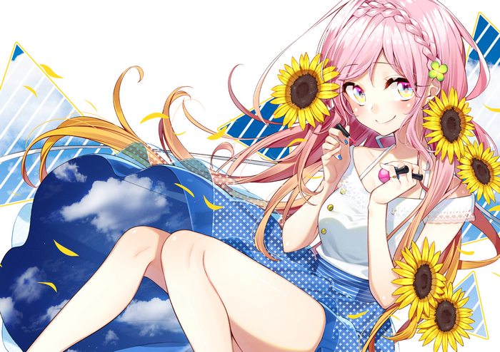 Anime girl with pink hair and sunflowers