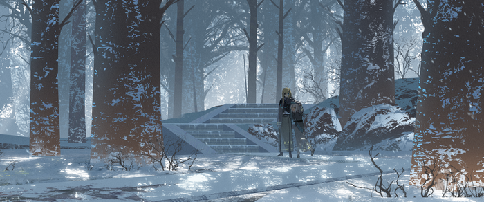 Anime girls in a snowy forest with stairs