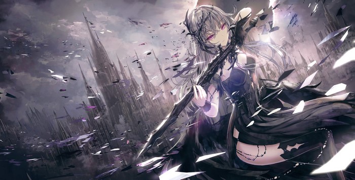 Anime girl with sword in front of castle