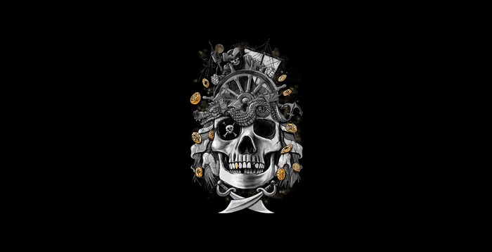 Pirate Skull with Ship Wheel and Coins