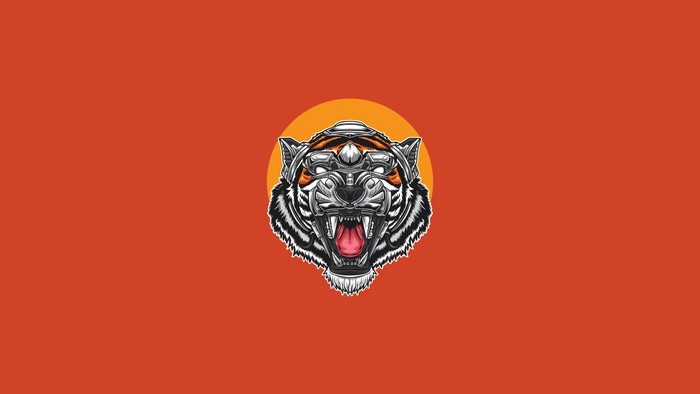 Artwork of a robotic tiger head on an orange background