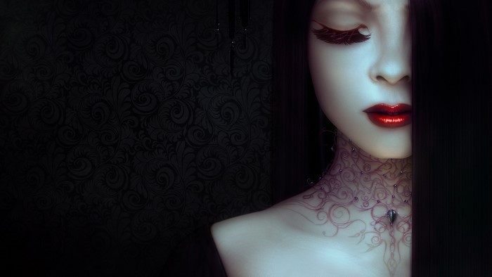 Artwork of a woman with red lipstick and closed eyes