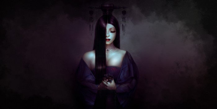 Fantasy art of a woman with dark hair and red lipstick