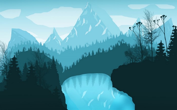 Flat design cyan mountains and waterfall