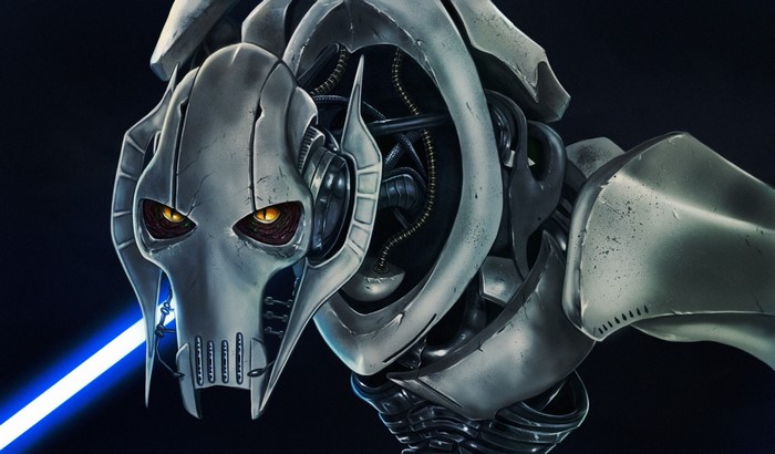 General Grievous from Star Wars with a blue lightsaber