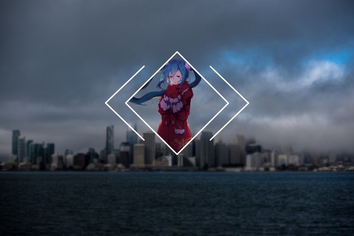 Anime girl in red outfit with geometric overlay