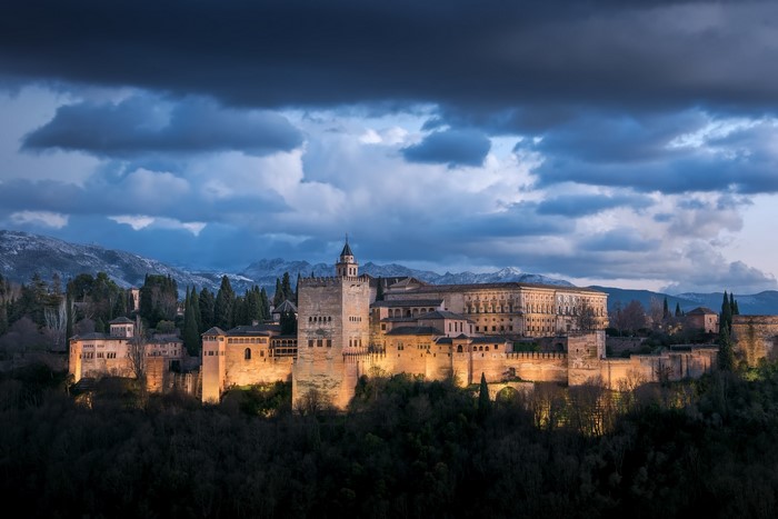 The Alhambra palace in Granada, Spain at dusk