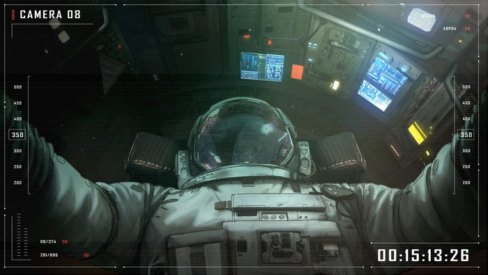 Astronaut in space station camera view