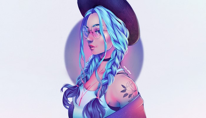 Woman with blue hair, glasses, and hat