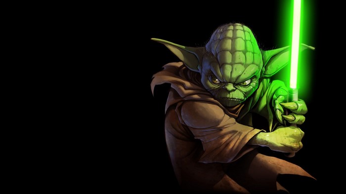 Yoda from Star Wars with a green lightsaber
