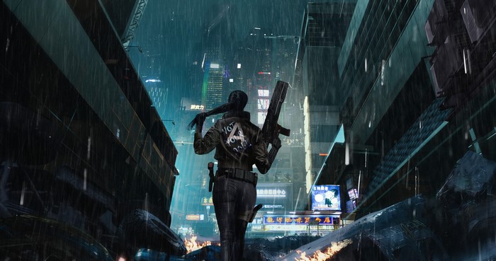 Woman with gun in rainy cyberpunk city