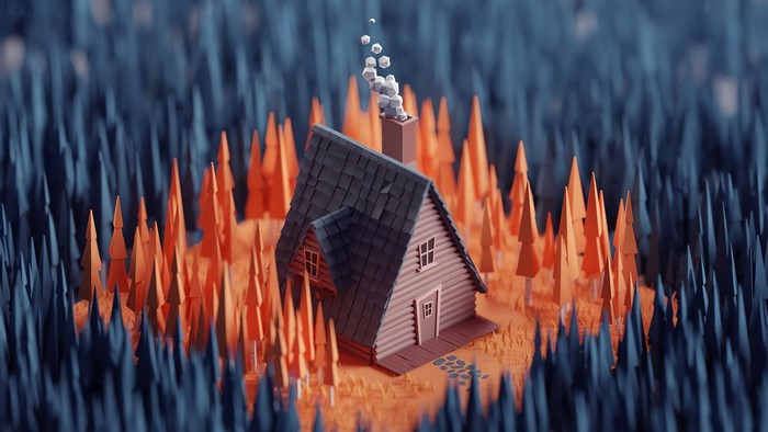 Low poly cabin in a forest with smoke from chimney