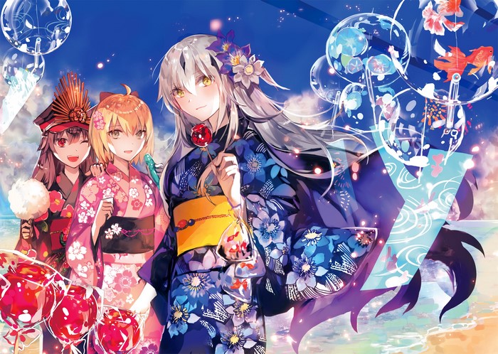 Anime girls in yukatas at a summer festival
