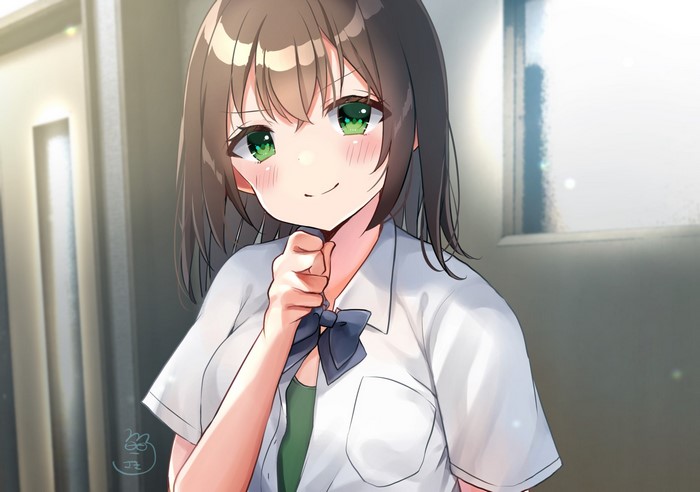 Anime girl with green eyes smiling