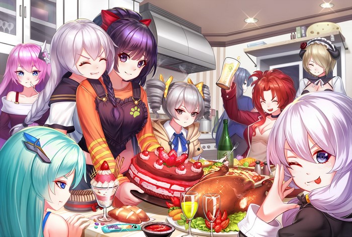 Anime girls gathered for a holiday meal