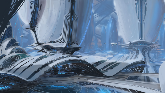 Futuristic city with organic architecture and flying vehicles