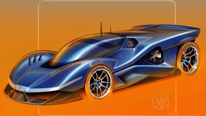 Blue concept race car artwork by Aleksandr Sidelnikov
