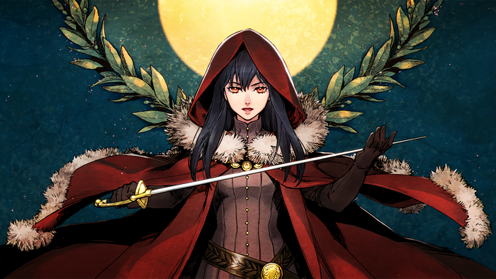 Woman in red hood holding a sword