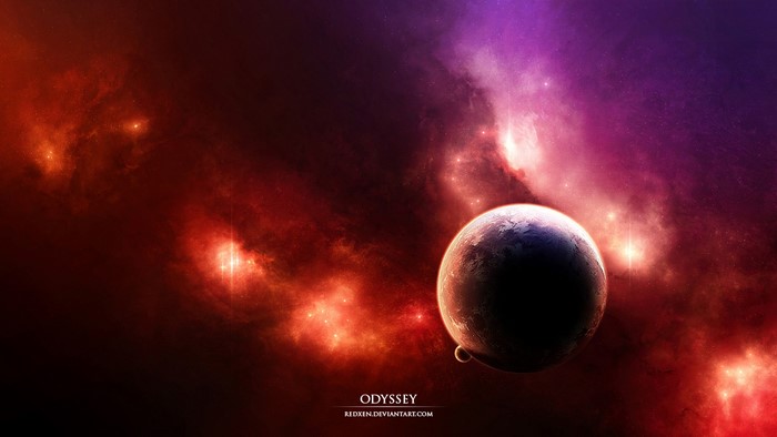 Planet and moon in a colorful nebula