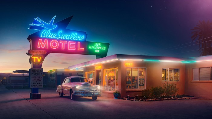 Blue Swallow Motel Neon Sign at Dusk