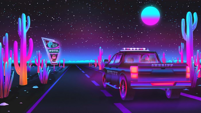 4K Neon Desert Night with Sheriff Vehicle