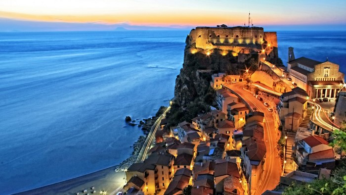 Scilla, Italy: Castle, Church, and Sea at Sunset