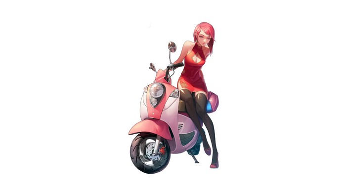 Anime girl with pink hair on a pink scooter