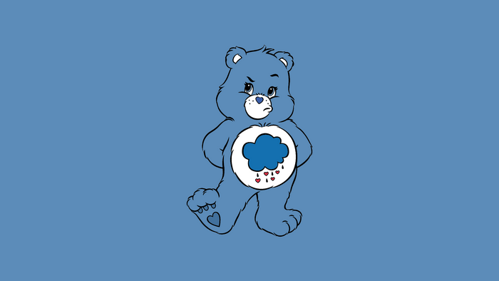 Grumpy Bear from Care Bears with a cloud and hearts