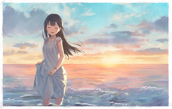 Anime girl in white dress by the ocean at sunset